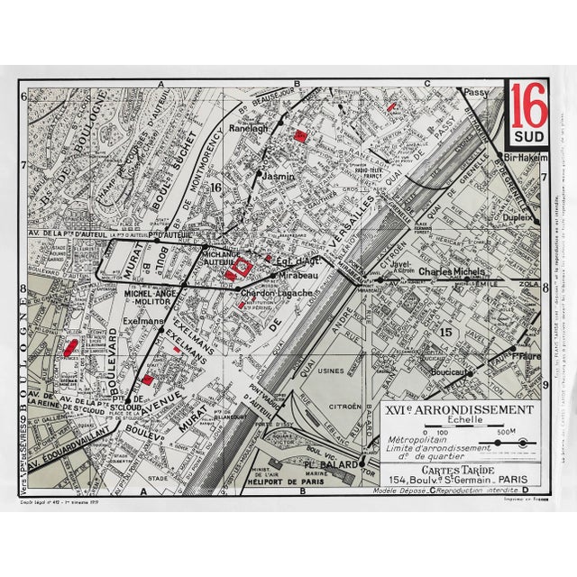 1959 Original Cartes Tarides Map of Paris, XVI Arrondissement For Sale - Image 4 of 4
