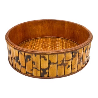 Vintage Burnt Bamboo Basket With Woven Rattan Base – Boho / Organic Modern / Tropical For Sale