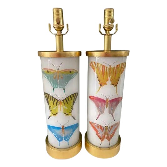 Liz Marsh Designs Pair of Decoupage Butterfly Study Lamps - a Pair For Sale