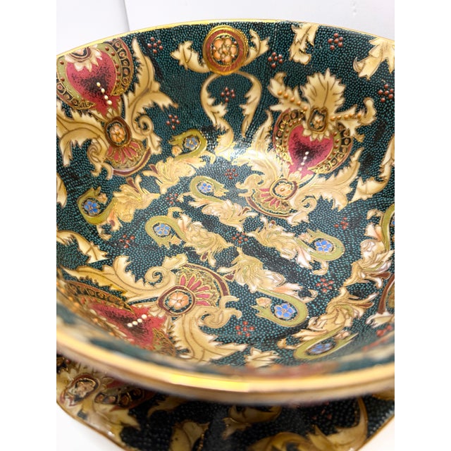 Asian Antique Vintage Famille Noire Hand Painted Enamel Satsuma Ware Bowl & Scalloped Edge Plate From China For Sale - Image 3 of 12