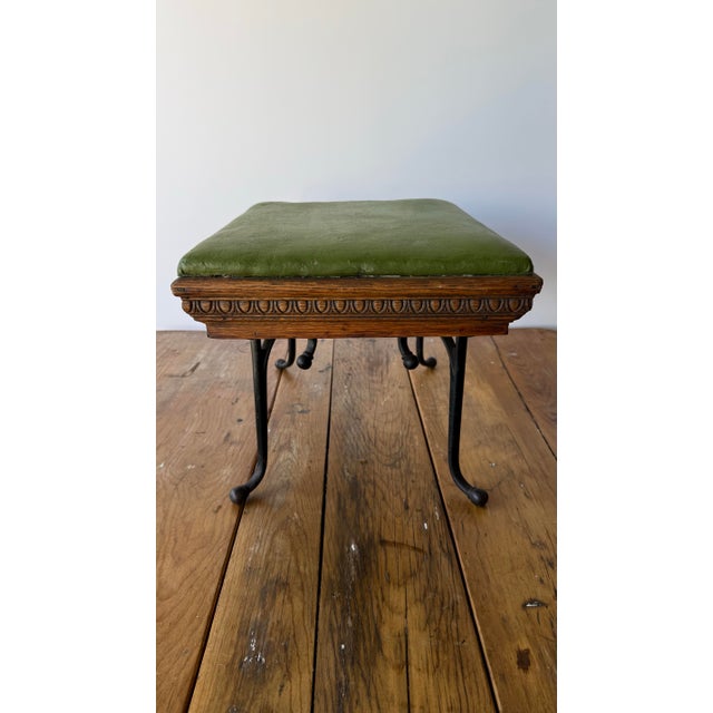 19th Century Antique Cobblers Stool-Carved-Egg and -Dart Trim, Green Leather and Iron Legs. For Sale - Image 11 of 12