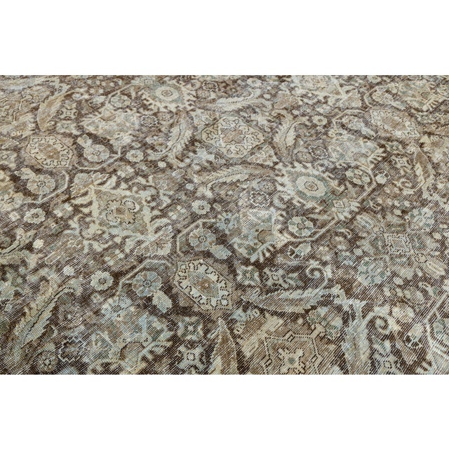 Antique Mahal Hand-Knotted Wool Rug in Neutral Mocha, Espresso, & Ice Blue For Sale In New York - Image 6 of 12