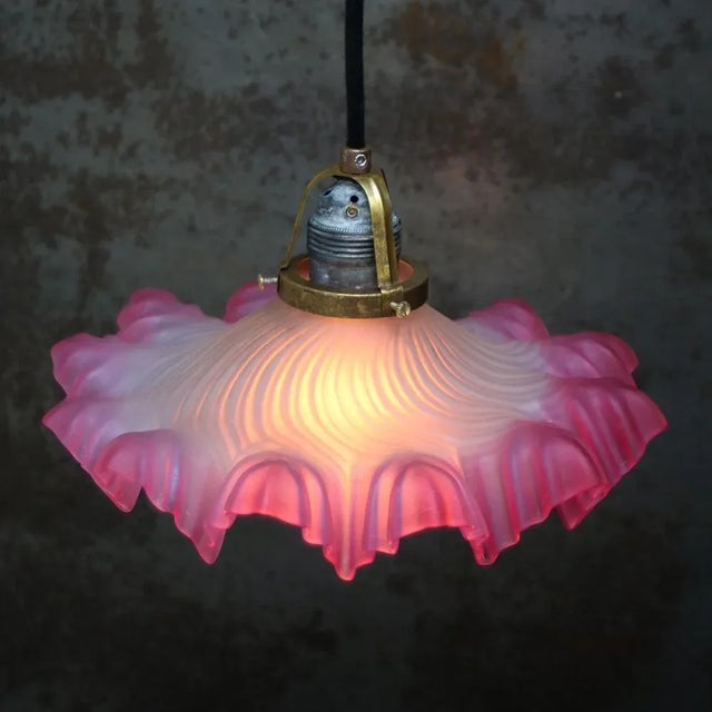 Art Nouveau French Pink Frosted Glass Pendant Light, 1920s For Sale - Image 4 of 7