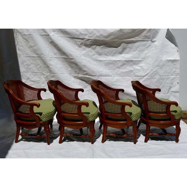 Mid 20th Century Carved French Country Cane Barrel Armchairs With Green Cushions-Set of 4 For Sale In Cincinnati - Image 6 of 16