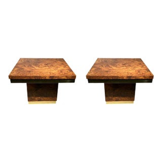 1970s Modern Burlwood Pattern Formica With Brass Trim Tables - A Pair For Sale