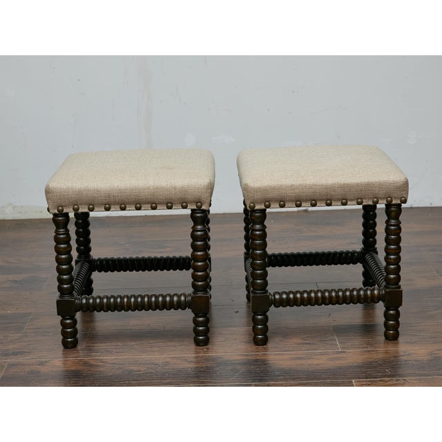 Pair of English 19th Century Ebonized Bobbin Stools with Custom Linen Upholstery For Sale - Image 9 of 9