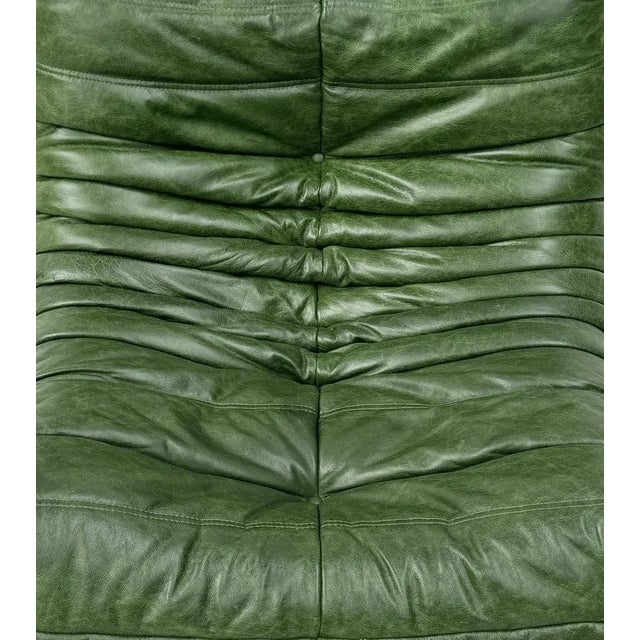 Togo Lounge Chair in Forest Green Leather by Michel Ducaroy for Ligne Roset, in Restored conditions. Designed 1970 to 1979...