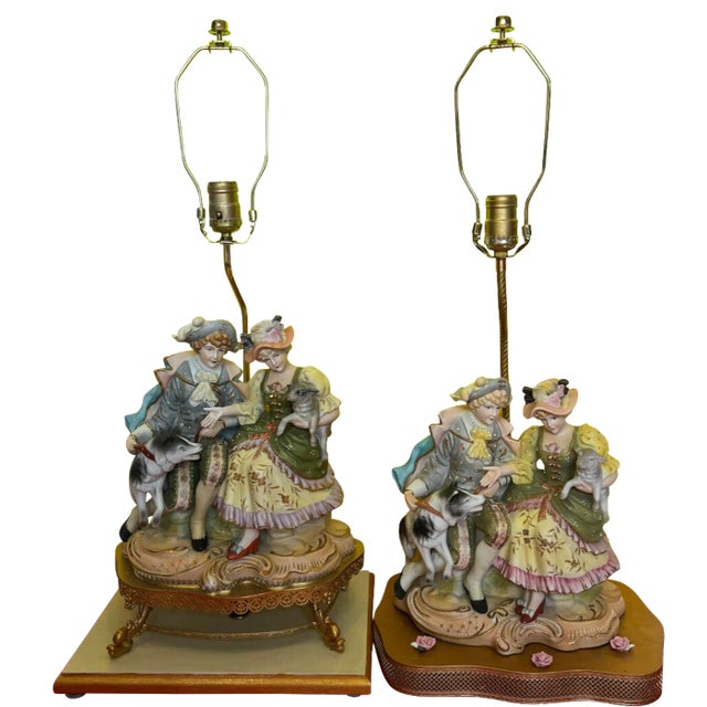Vintage Bisque Figurine Table Lamp: Siblings Sitting With a Lamb and Dog: A Pair For Sale