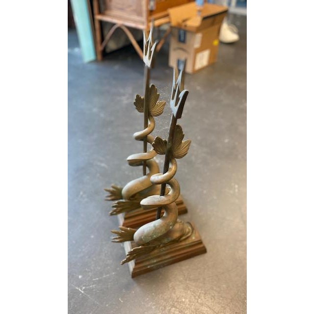 A Pair of Large Cast Bronze Dolphin Serpent Trident Doorstops For Sale - Image 4 of 6