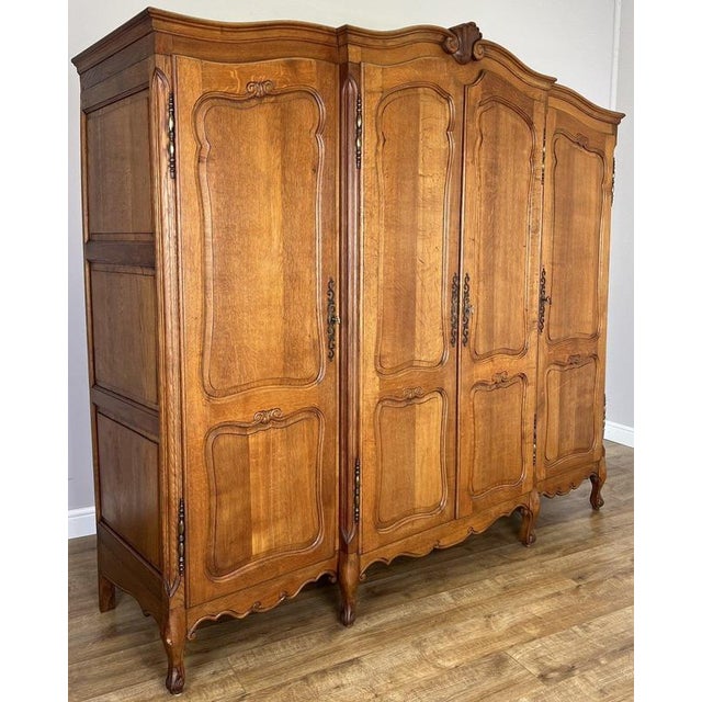 Vintage French Louis XVI Style Carved Oak 4-Door Wardrobe For Sale - Image 3 of 18