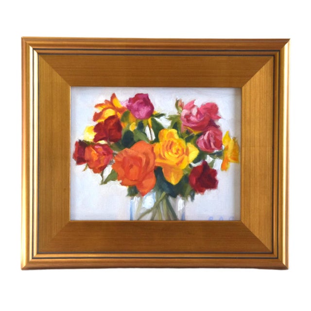 2020s Colorful Bouquet of Flowers Roses Oil Painting Including the Antiqued Gold Wood Frame For Sale - Image 5 of 7