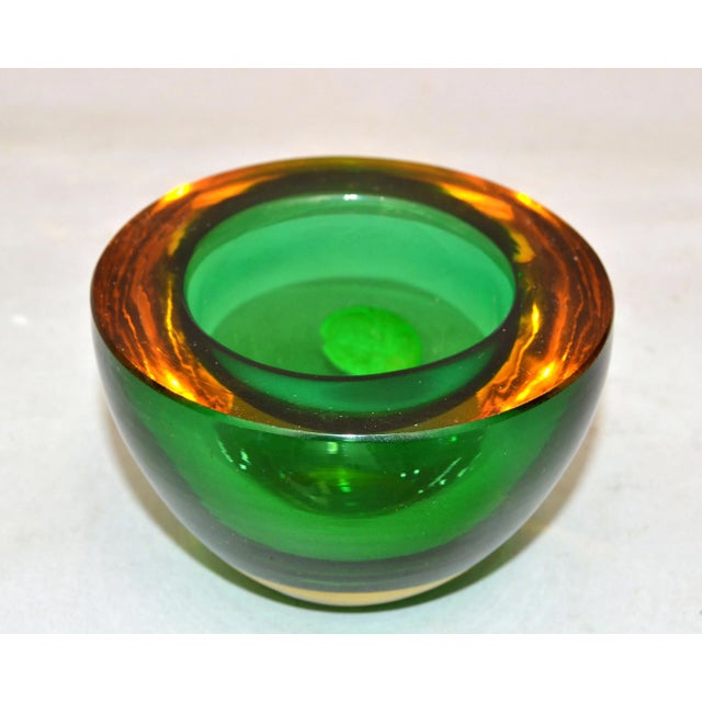 Marked Murano Art Glass Round Amber & Green Blown Glass Catchall Bowl Italy 1960 For Sale - Image 12 of 13