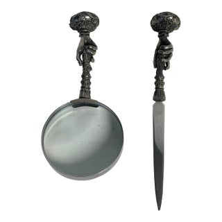 Set of 2, 1940s Desk Accessories Magnifying Glass Letter Opener Set For Sale
