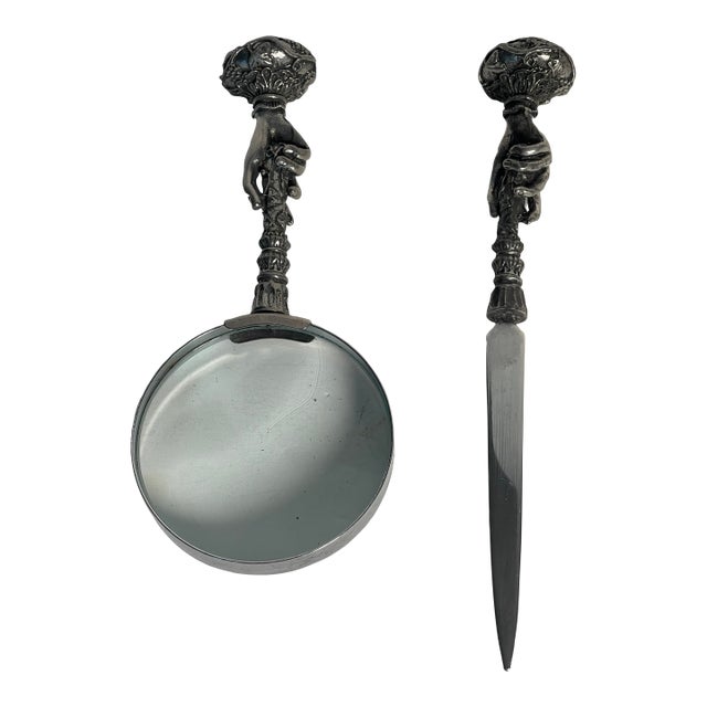 Set of 2, 1940s Desk Accessories Magnifying Glass Letter Opener Set For Sale