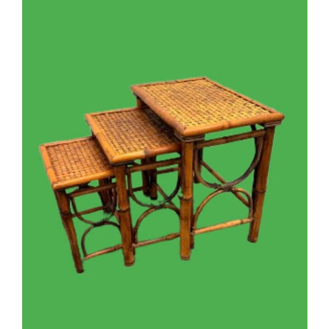 Mid-Century Modern Vintage Chinoiserie Burnt Bamboo, Cane Nesting Tables - Set of 3 For Sale - Image 3 of 9