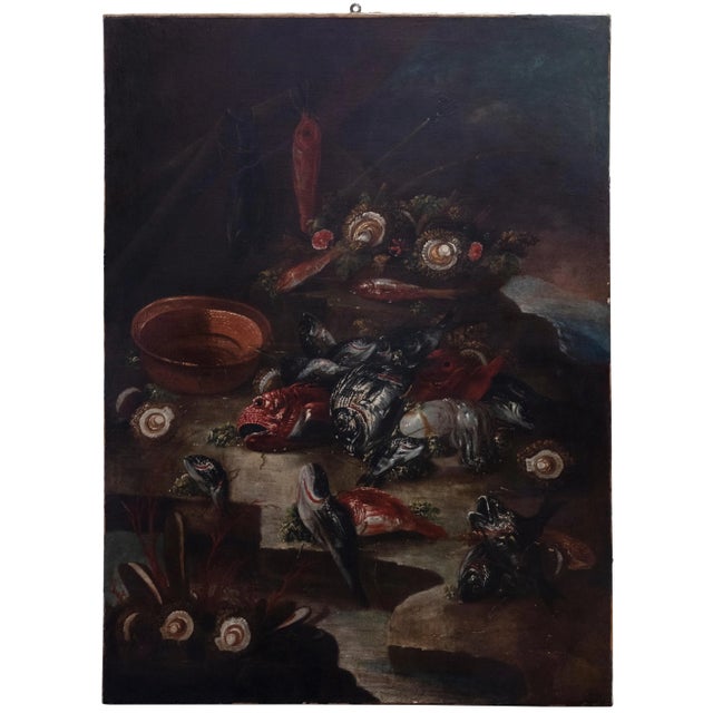 Unknown, Still Life with Fishes and Oysters, Original Oil on Canvas, 17th-Century For Sale - Image 4 of 4