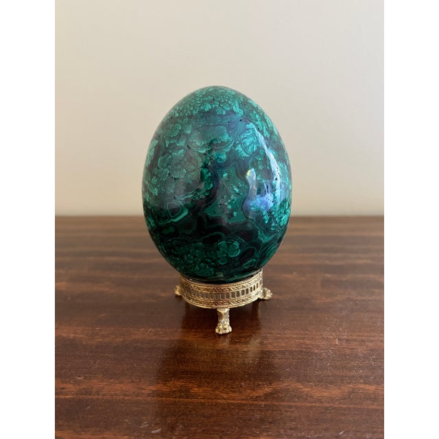Large Solid Malachite Egg on Neoclassical Brass Stand With Paw Feet For Sale - Image 4 of 10