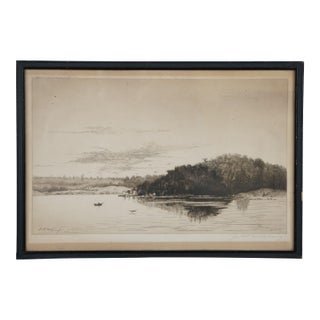 Antique 1889 John Hill Millspaugh Signed New York Lake Landscape Etching 13", Framed For Sale