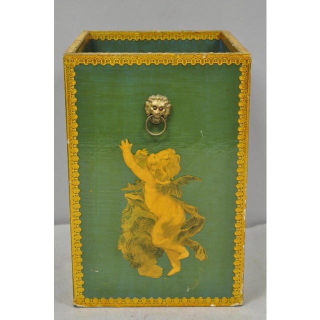Green Vintage Italian Venetian Decoupage Green Gold Papier Mache Wastebasket Trash Can For Sale - Image 8 of 18