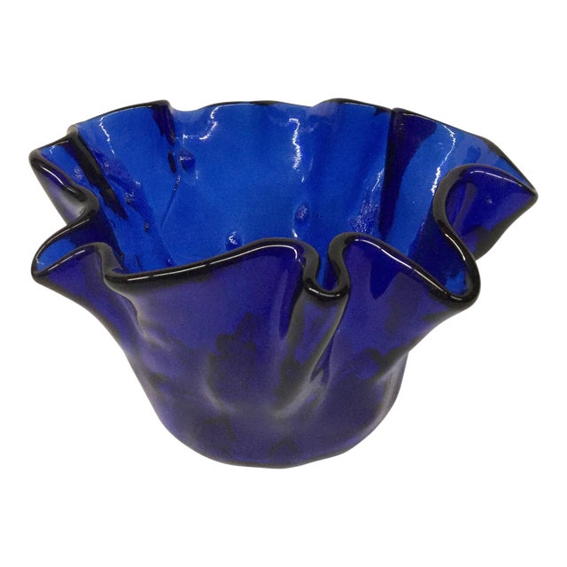 Vintage Cobalt Glass Ruffled Vase For Sale