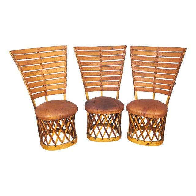 Vintage Chairs in Wood and Leather, 1960s, Set of 3 For Sale