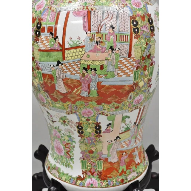 Vintage Chinese Famille Rose Porcelain Urn Lidded Temple Jar Vase on Base For Sale In Philadelphia - Image 6 of 12