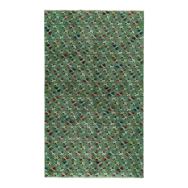1960s Vintage Art Deco Rug in a Green, White, Multicolor Pictorial Pattern For Sale