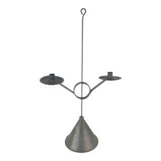 Early Antique Primitive Tin Candle Holder Adjustable Double Arm Conical Base For Sale