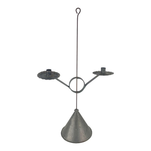 Early Antique Primitive Tin Candle Holder Adjustable Double Arm Conical Base For Sale