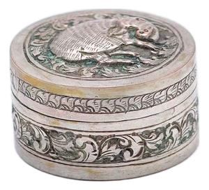 Cylindrical Silver Rosaries Box with Pig Figure