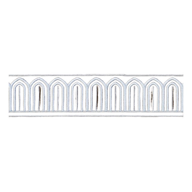 SAMPLE - Schumacher Arches Embroidered Tape Medium In Sky On Brown For Sale