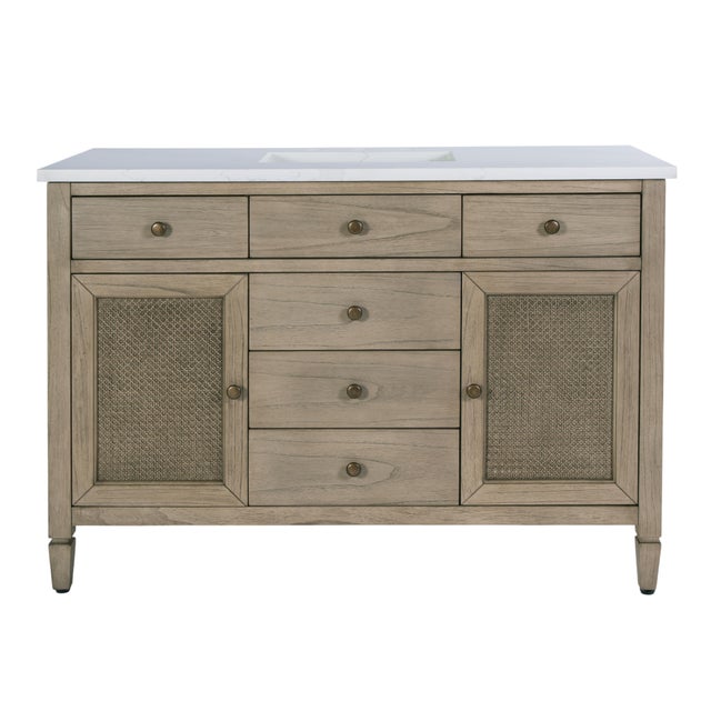 Wood Flagstaff 48 in W. Wood & Quartz 5 Drawer Single Sink Bathroom Vanity, Desert Sand For Sale - Image 7 of 11