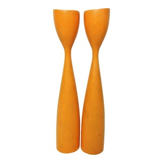 1969s Danish Painted Yellow Candlesticks, Pair For Sale