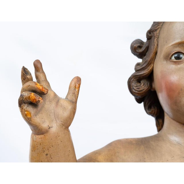 Antique 18th Century Neapolitan Blessing Child Sculpture in Polychrome Wood For Sale - Image 5 of 7