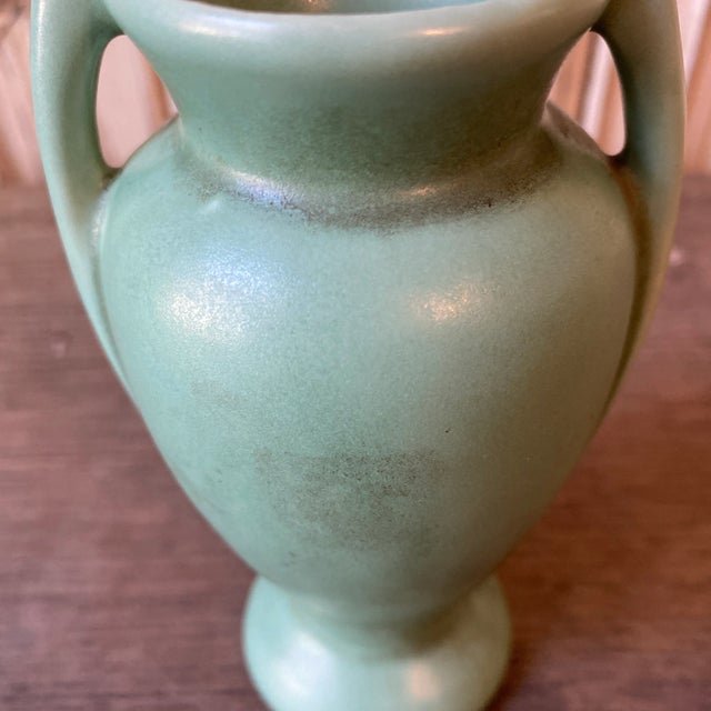 Ceramic Vintage Petite Two Handled Pottery Vase in Matte Green Glaze For Sale - Image 7 of 12