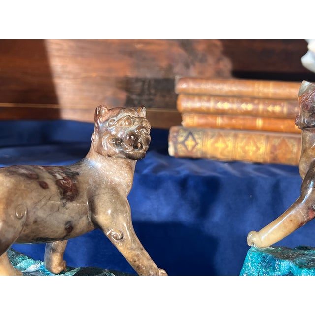 Pair of Early 20th Century Chinese Carved Marble Lions on the Faux Malachite Stone Bases For Sale In Palm Springs - Image 6 of 14