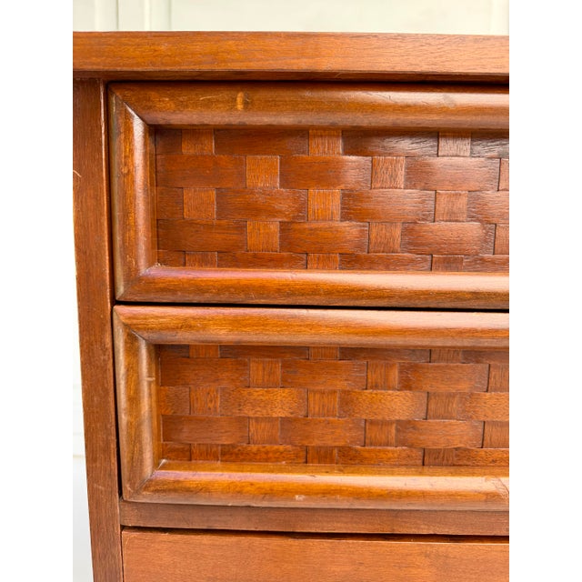 Mid-Century Modern Mid-Century Walnut Highboy Dresser Attributed to Lane With Woven Basketweave Drawers For Sale - Image 3 of 14
