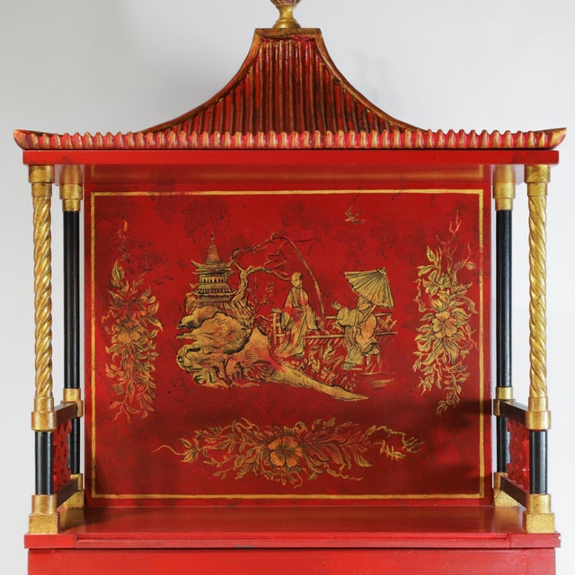Wood Pair of Vintage Louis XVI Style Chinoiserie Red Lacquer Display Cabinets For Sale - Image 7 of 17