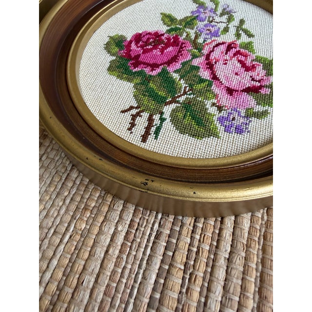 1960s Vintage Floral Petit Point Roses Framed Embroidery Art - A Pair For Sale - Image 9 of 10