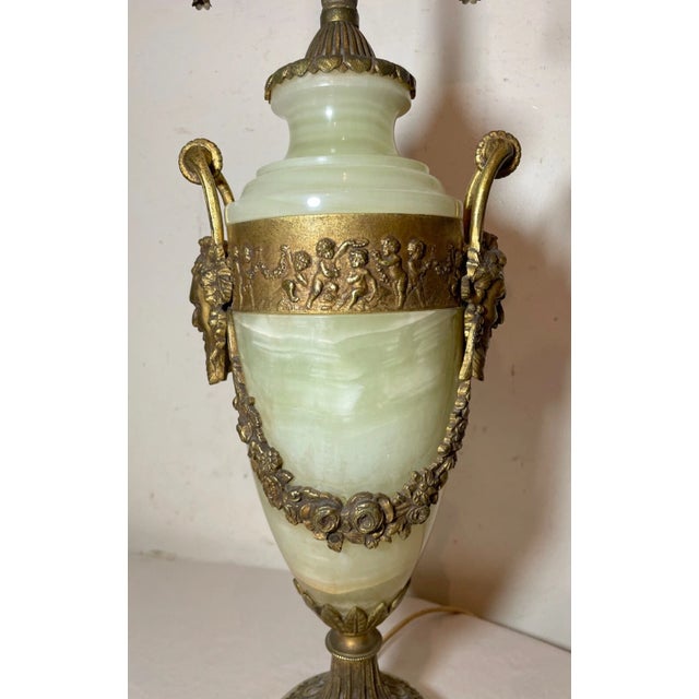 Metal Antique English Ornate Victorian Green Onyx Gilt Bronze Figural Urn Table Lamp For Sale - Image 7 of 15