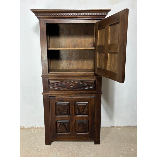 Brown Vintage Spanish Renaissance Style Walnut Cabinet with Geometric Carve, 1920 For Sale - Image 8 of 16
