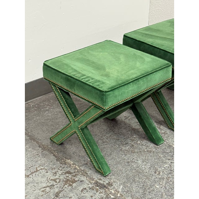 Hollywood Regency Style Green Velvet X-Base Ottoman Stools, Pair For Sale - Image 11 of 12