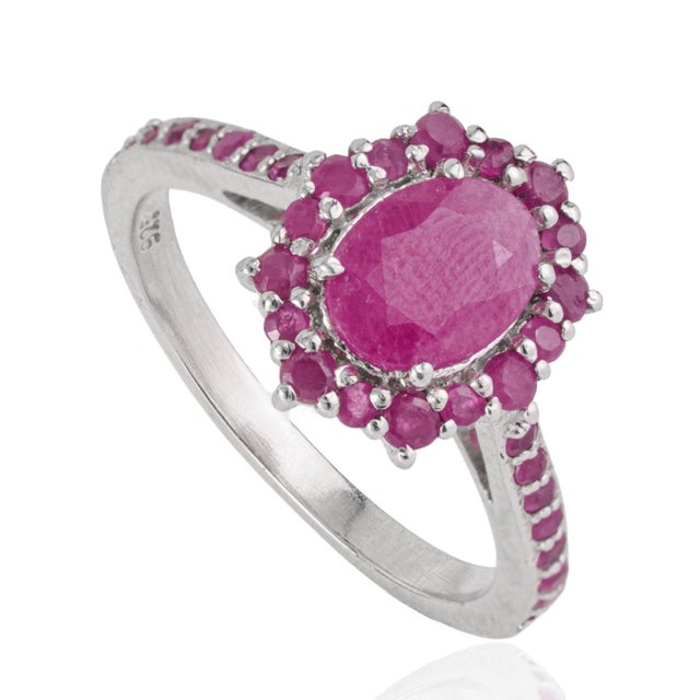 Art Deco Carat&Her Georgian Style Oval Cut Ruby Halo Cluster Ring in Sterling Silver, Size 9 For Sale - Image 3 of 13