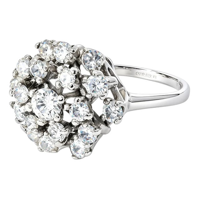 1970s 14K White Gold Diamond Filigree Round Cocktail Ring, Size 8 For Sale