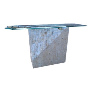 Postmodern Brass & Glass Pedestal Console Sofa Table in Tessellate Stone For Sale