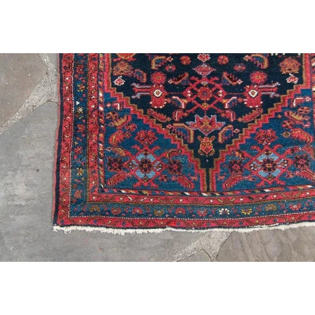 1940s Vintage Floral Geometric Ink Blue Scarlet Red Hand Knotted Wool Low Pile Accent Rug - 3’4” X 6’4” For Sale In Los Angeles - Image 6 of 11