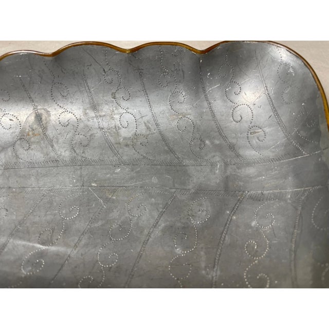 Metal Antique Handmade Chinese Tooled Pewter Copper Jade Stone Figural Leaf Tray Dish For Sale - Image 7 of 11