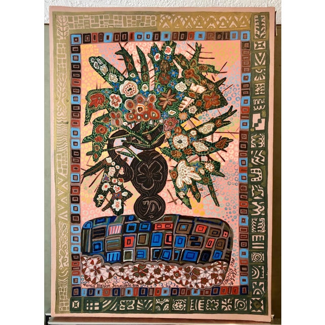 Forest Green 1989 Menia Litvak, Israeli Folk Art Bright Colorful Naive Floral Arrangement Still Life Painting For Sale - Image 8 of 11