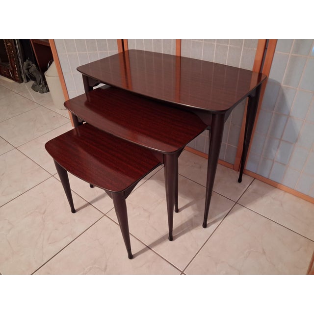 Vintage Mid Century Modern Nesting Tables Set of Three Mahogany With Mahogany Laminate Tops. For Sale - Image 17 of 17