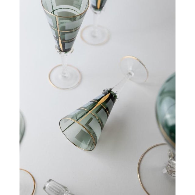 Blue Vintage Italian Blue Murano Glass Liqueur Decanter Glasses with Hand Painted Gilt Details, 1950s, Set of 5 For Sale - Image 8 of 15